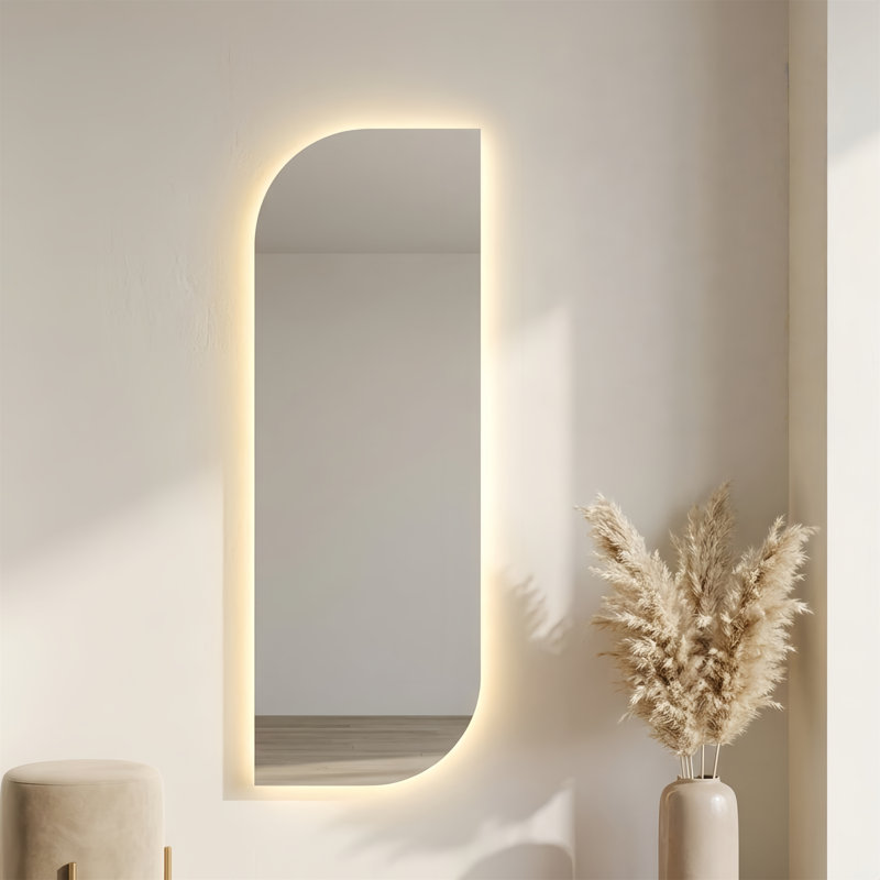 65" x 21" LED Full Length Wall Mirror, Irregular Shape Design, 3-Color Dimmable Lighting, 0.2in Copper-Free Silver Glass, Motion Sensor Auto-Off, Memory Function, Hardwired or Plug-in