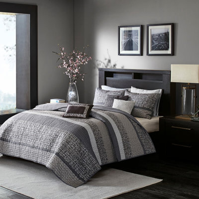 Courtepointe réversible avec coussins - Gris / taupe double / grand brodé et plissé brodé et plissé