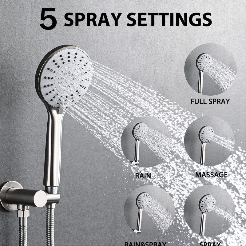 Douche haute avec pomme de pluie murale de 10 pouces et 5 gouttes de qualité en acier inoxydable nickel brossé, Nickel brossé