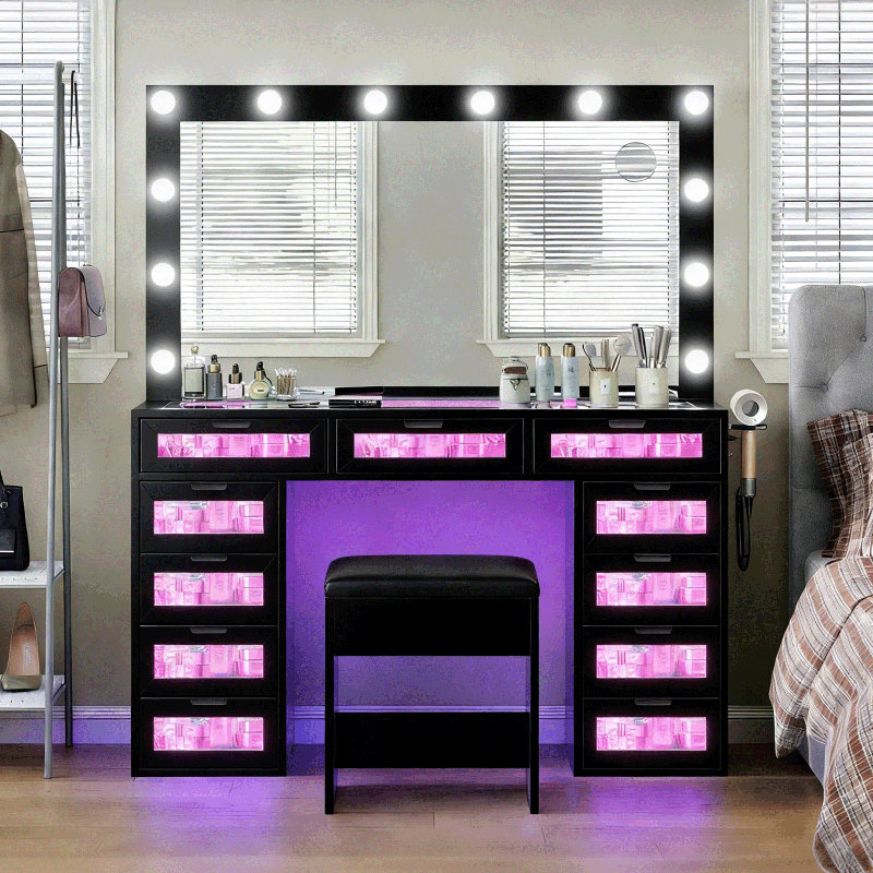 Vanity Desk with Mirror and Lights,7 RGB Drawers Vanity Table,Makeup Vanity with Charging Station & Vanity Stool,for Bedroom,Dressing Room, Black