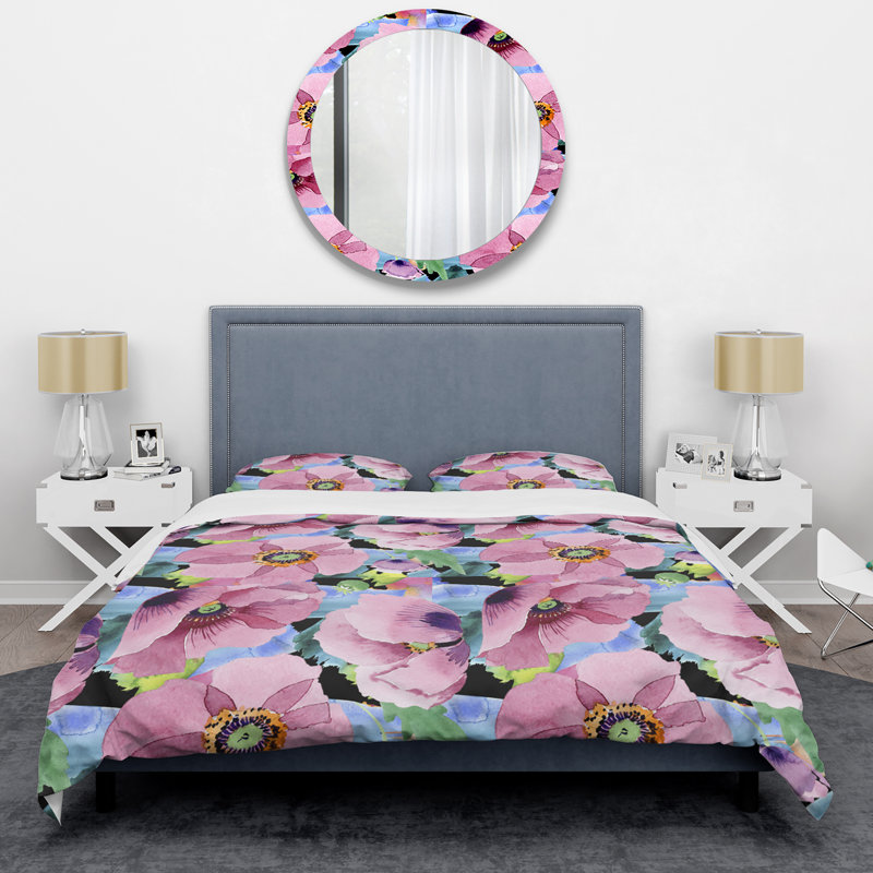 Fleurs de coquelicot roses et bleues - Ensemble de housse de couette floral - Polyester en microfibre