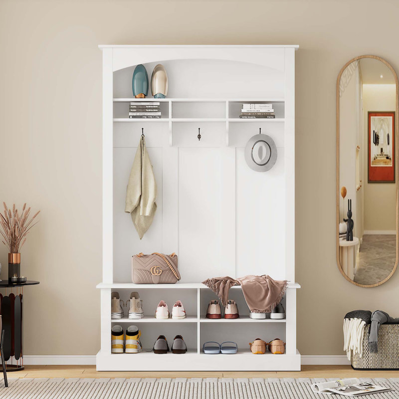 Portemanteau de 47,2 po de largeur avec banc et rangement pour chaussures, banc de rangement multifonctionnel avec 3 crochets de suspension et espace de rangement ouvert, support de rangement rectangulaire et tablettes pour vestibule