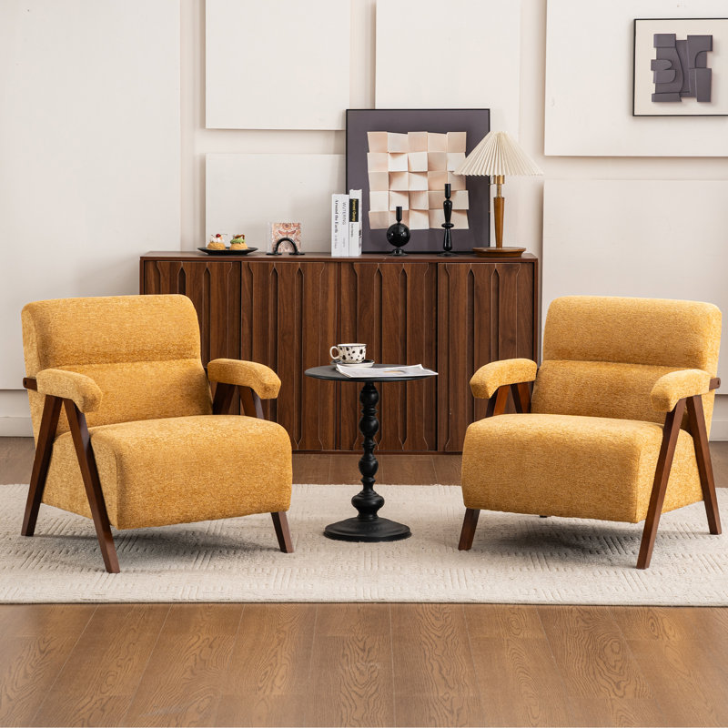 Chaise d'appoint rembourrée de style Mid-Century avec pieds en bois massif, Jaune