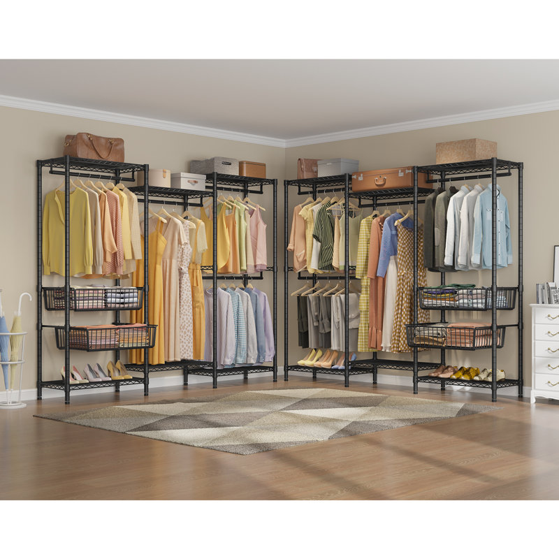 Black Heavy Duty Freestanding Metal Garment Rack with Wire Shelves