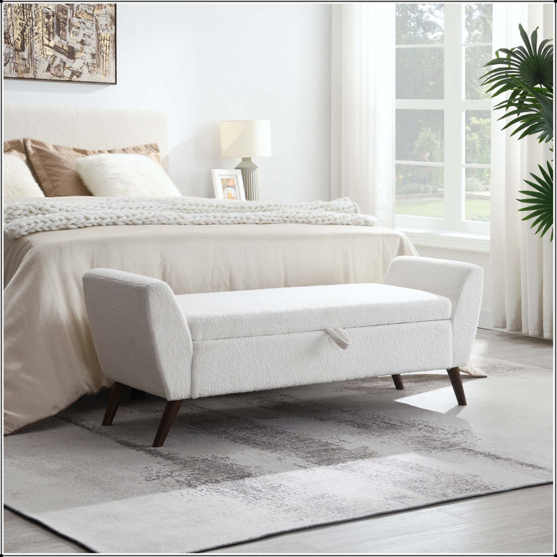 Banc de rangement moderne de 60 po avec pieds en bois Mid-Century et tissu Teddy - crème