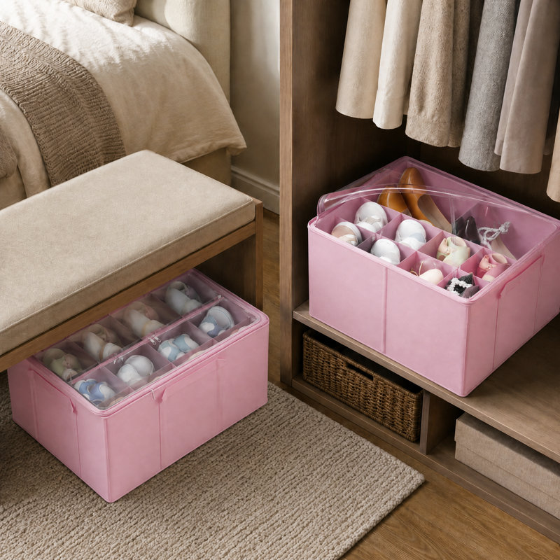 Shoe Organizer for Closet, 2 Pack Foldable Shoe Storage Containers with Adjustable Dividers, Fits 16-32 Pairs for Home and Closet Organization