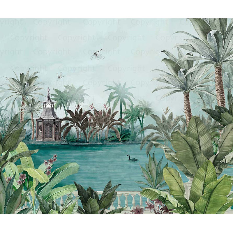 Mur de cygnes palmiers tropicaux, L 110,04 po x l 122 po, Vert
