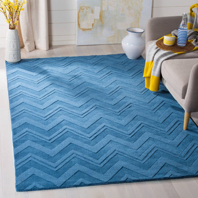 Tapis bleu en laine crocheté à la main à motif de chevrons Scanlan