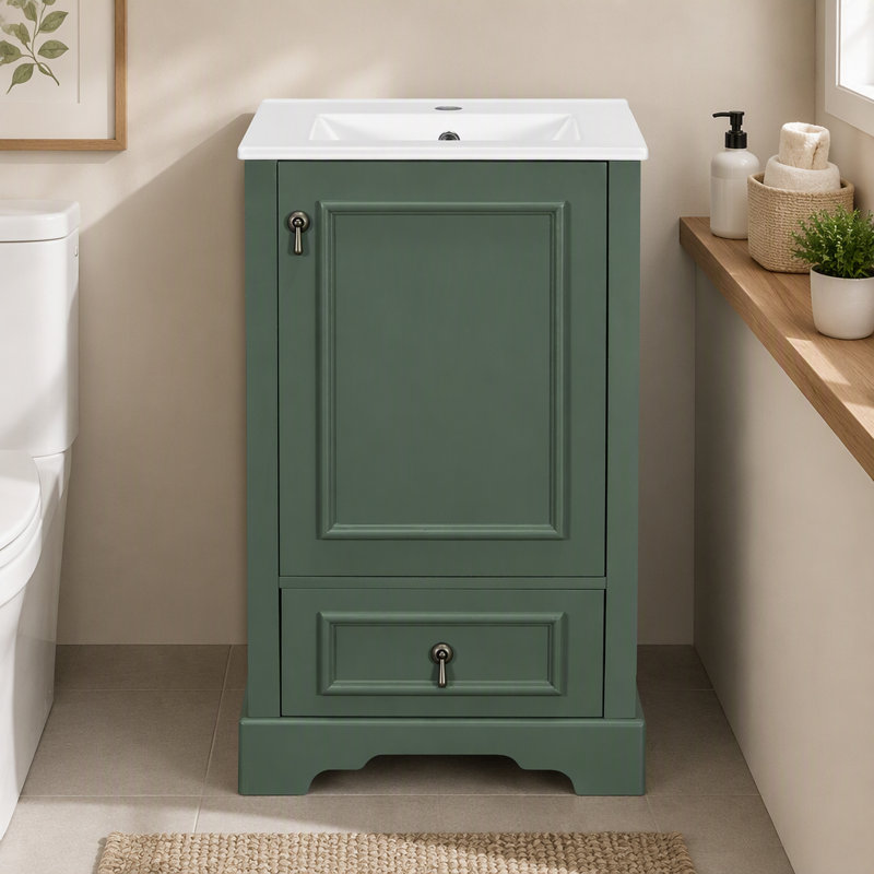 Meuble-lavabo de 20 po avec lavabo en céramique, porte à fermeture en douceur, tablette ajustable en forme de U, tiroir de compartiment et support de porte, style moderne, conception peu encombrante