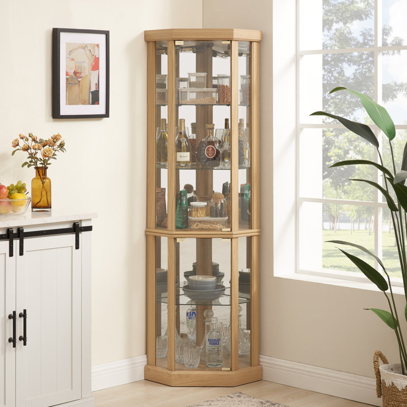 Corner Lighted Curio Cabinet Corner Glass Cabinet Lighted Curio Cabinet Corner Display Case For Living Room, Curio Cabinet, Antique Collection, Wine,Bar Glass Storage Light Included