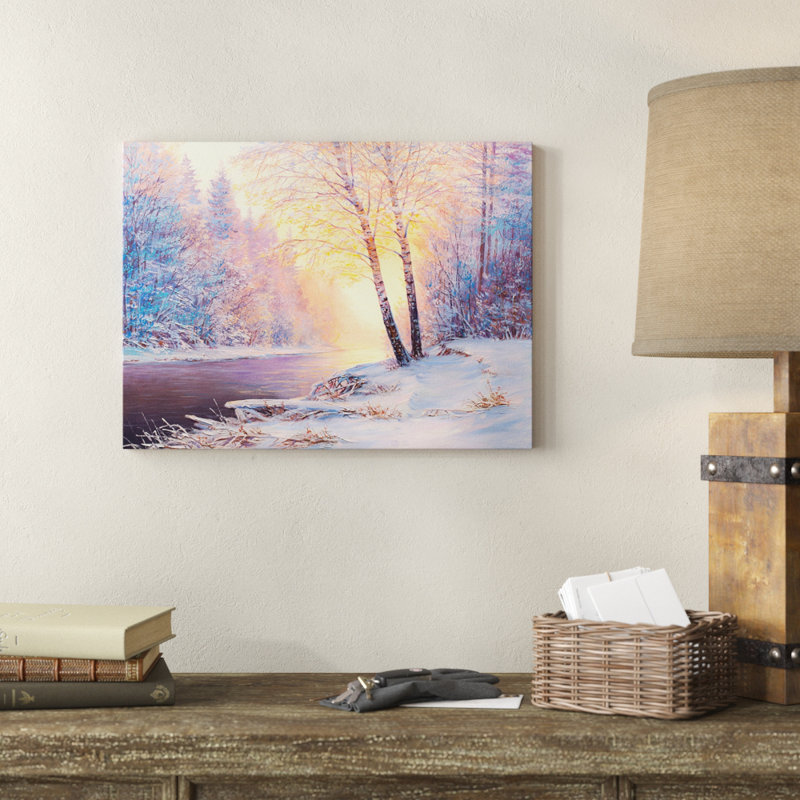 Paysage d'hiver avec une rivière - impression d'art graphique, H 20 po x l 20 po x P 1 po, Toile tendue