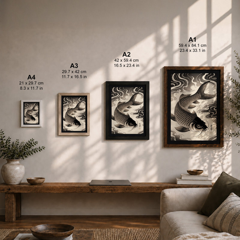 Carp in Motion Japandi - Framed Print, Oak, A4 - 29.7 x 21.0 cm