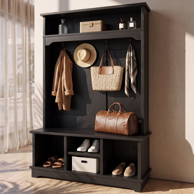Coat Rack with Shoe Storage,  Hall Tree with Shoe Bench, 4 Shoe Cubbies, 1-TierTop Storage, Black