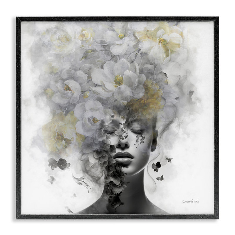  Visage printanier caché, estampe numérique par Danhui Nai, H 17 po x l 17 po, Giclée encadrée noir minuit