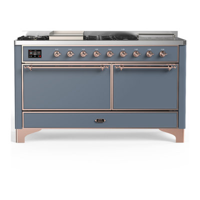 Majestic III Series 60 Inch Dual Fuel Range with 7 Sealed Burners, Griddle, Frenchtop in Blue Grey (Liquid Propane, Copper Trim)