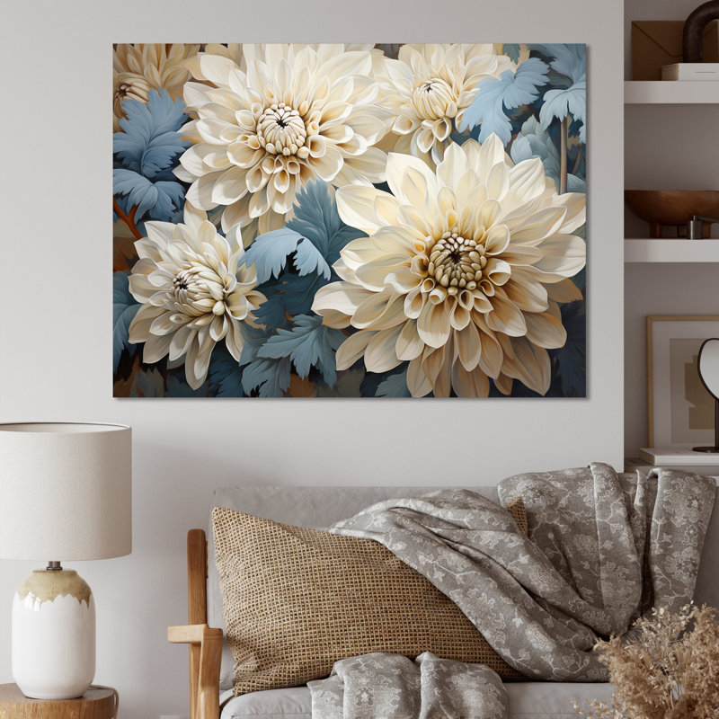 Chrysanthèmes blanc bleu mosaïque jardin II - décoration murale de chrysanthèmes, H 34 po x l 44 po x P 1,5 po, Toile tendue