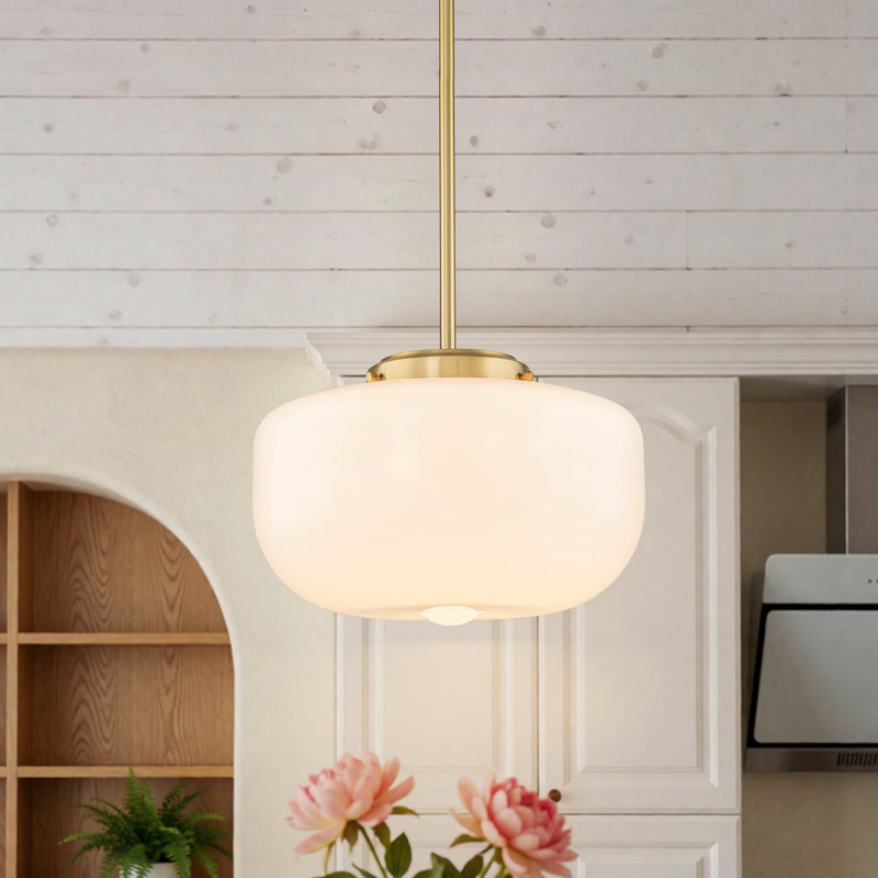 Luminaire suspendu style dôme Mid-Century 1 lumière avec abat-jour en verre lait et tige réglable