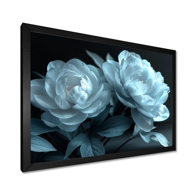 Art mural bleu pivoines bleues Natures Nuance I - pivoines, Cadre noir, H 16 po x l 32 po