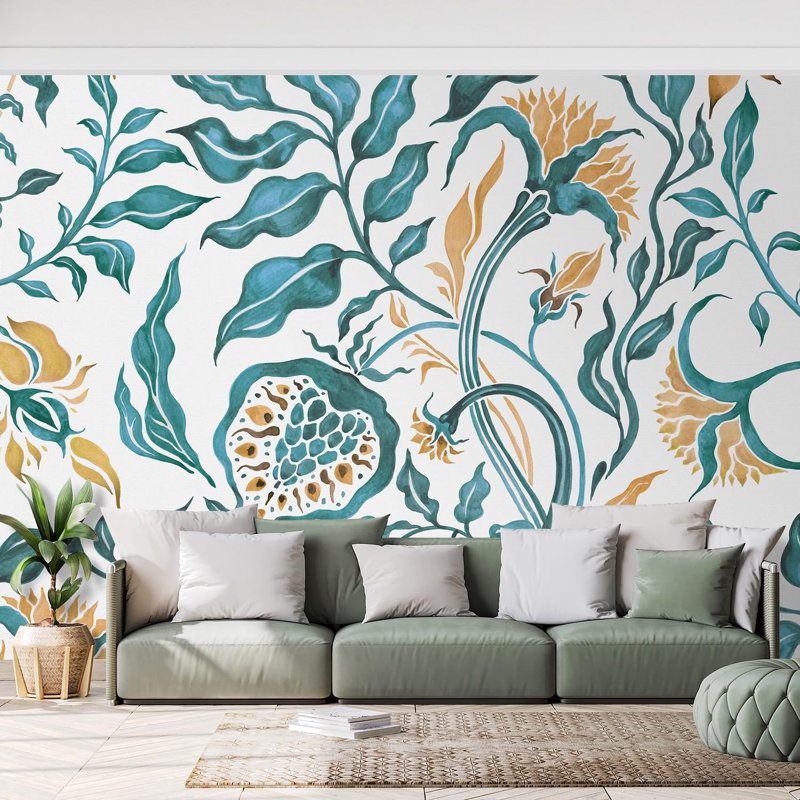 Aquarelle artistique botanique aux accents dorés, L 96 po x l 144 po