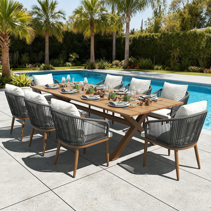 Ensemble de salle à manger pour l'extérieur 9 pièces 9 pièces, Bois brun, Beige, 8
