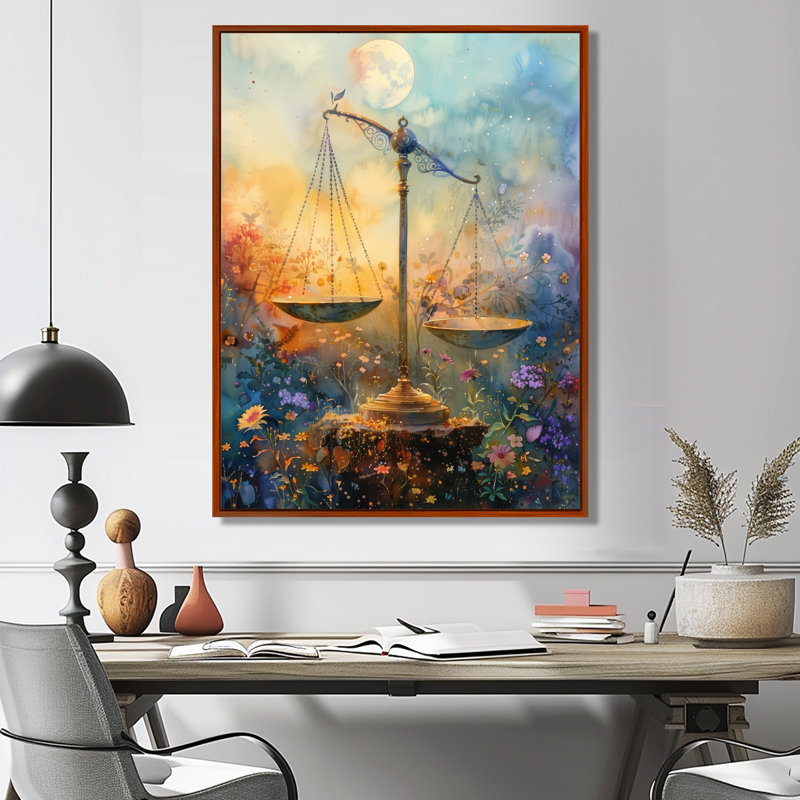 Astrologie équilibrée jaune et bleue, Balance I - Astronomie, art mural, Cadre flottant brun, H 12 po x l 20 po