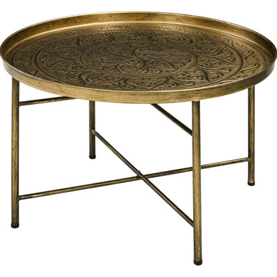 24" Coffee Table With Metal Hammered Tray, Gold, Living Room, Bedroom, Side - Quality Crafted Round Gold Tray Top, Vintage For Impeccable Finish