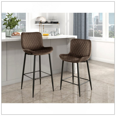 Ensemble de 2 chaises modernes à hauteur de comptoir avec revêtement en velours brun et pieds en métal durables, parfait pour un repas décontracté