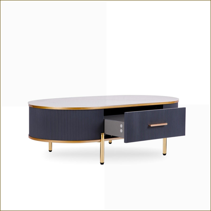 Table basse moderne en pierre frittée blanche / grise avec détails dorés
