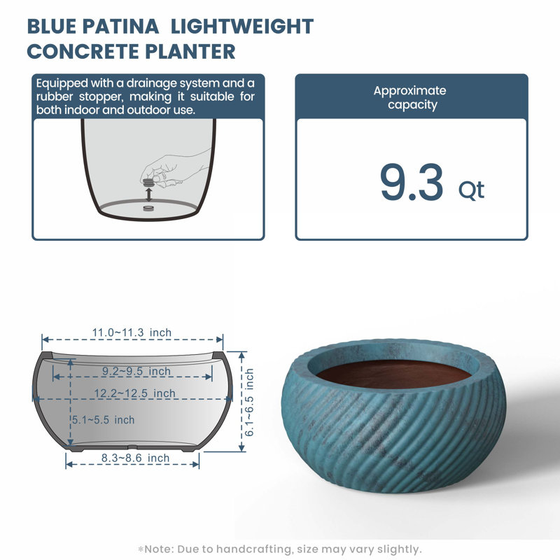 Pot à fleurs rond en béton patiné bleu moyen (intérieur amélioré) avec trous de drainage, H 6,1 po x l 12,2 po x P 12,2 po