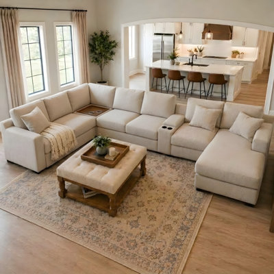 141" Modular Chenille Sectional Sofa, 6 Seat L-Shaped Couch with Right-Facing Chaise, Charging Console, Storage & Removable Cushions