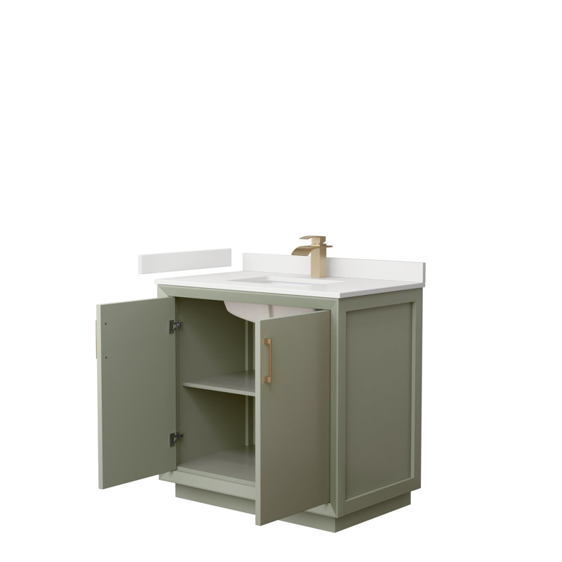 Meuble-lavabo sur pied simple 36 po avec plateau en quartz Strada, WDX13300, Vert clair, Nickel brossé