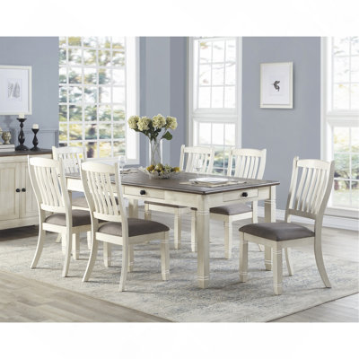 Ensemble de table de salle à manger 7 pièces à finition blanche antique avec 6 tiroirs et 6 chaises d'appoint rembourrées