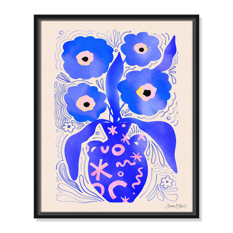 «Blue Flowers Matisse» par Bloom, Toile avec cadre, Cadre flottant noir, L 17,5 po x H 21,5 po