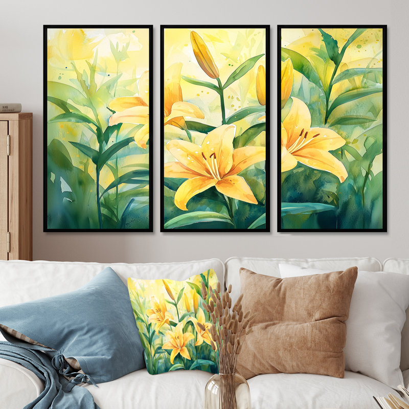 «Yellow Lillies Gardens In Meadow I», ensemble d'art mural lys, H 28 po x l 36 po, Reproduction avec cadre flottant, Noir