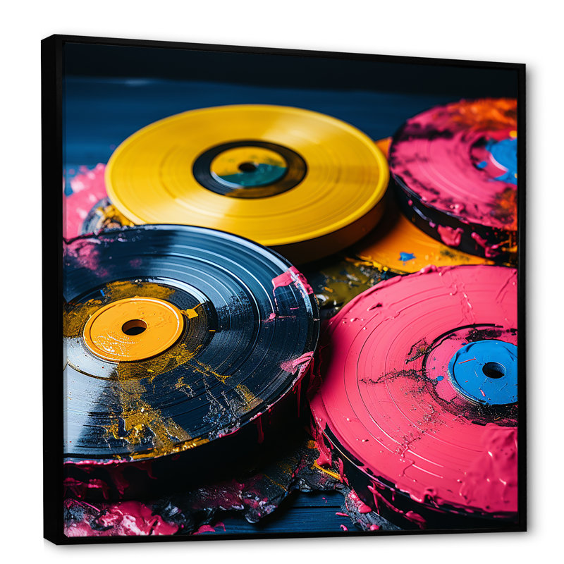 Disque vinyle rose III - Art mural vinyle, H 16 po x l 16 po x P 1 po, Cadre flottant noir