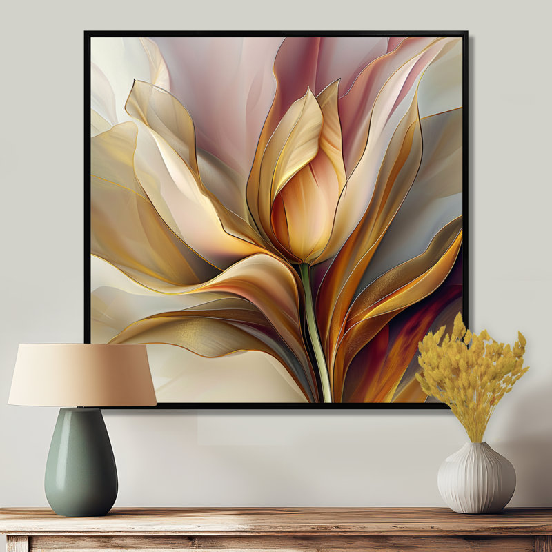 Tulipe jaune, liquide minimal I - tulipe, art mural, H 30 po x l 30 po x P 1 po, Toile avec cadre flottant noir
