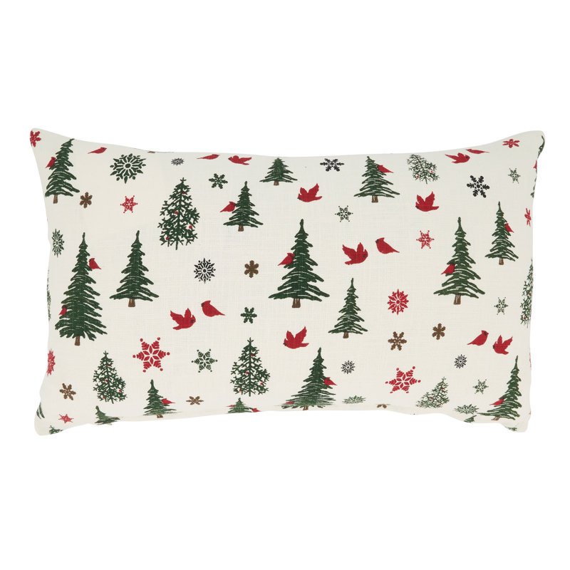 Ivory Christmas Trees and Cardinals Cotton Throw Pillow