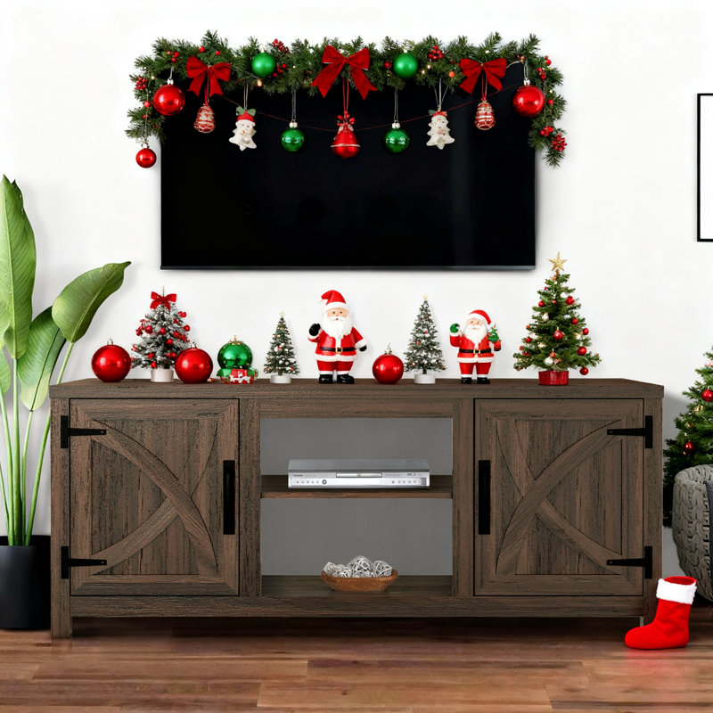 58" Farmhouse TV Stand With Open Storage Shelves And Cabinets For TV Up To 65", Brown