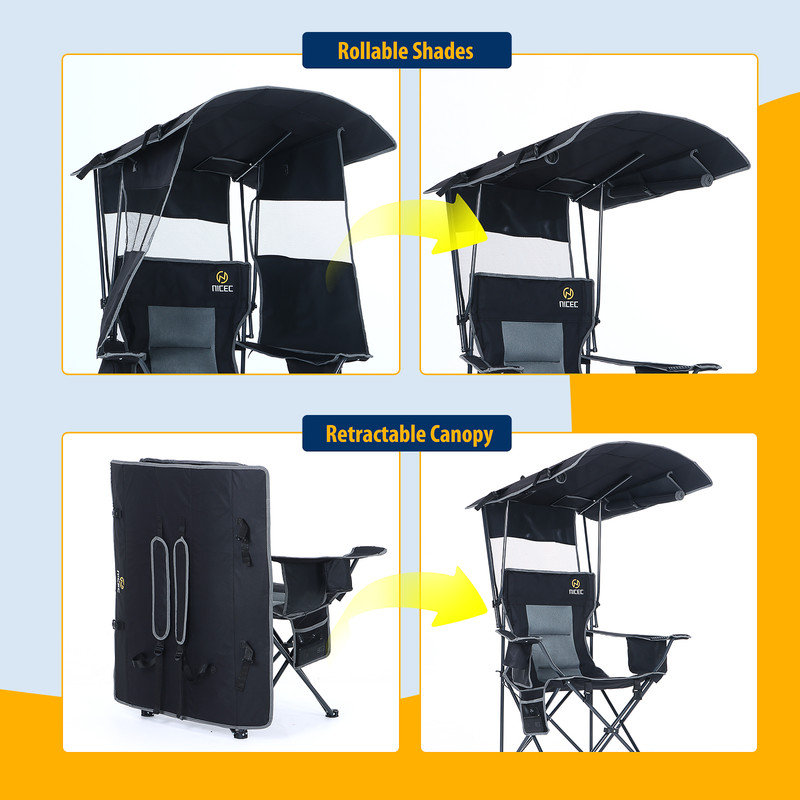 Chaise de camping portative chauffée avec auvent, abat-jour, repose-pieds amovible et conception pliable pour le camping et le pique-nique (paquet de 2)