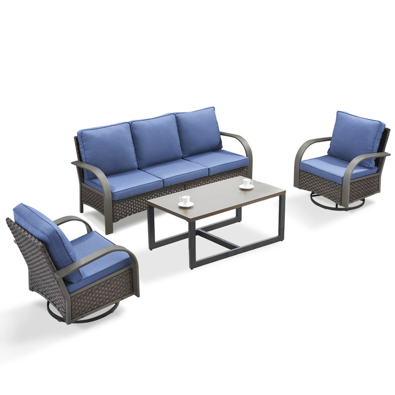 Bobra Outdoor Courtyard Handmade Rattan Conversation Set With Swivel Chairs, Blue
