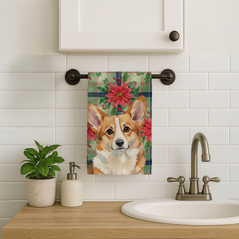 Corgi Christmas PoinsettIas Kitchen Towel, White/Brown Corgi