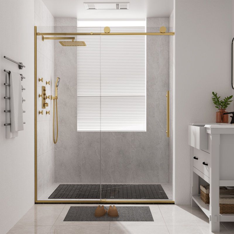 56"-60" W x 76"H Reversible Frameless Single Sliding Shower Door with 3/8" Clear Tempered Glass, Brushed Gold