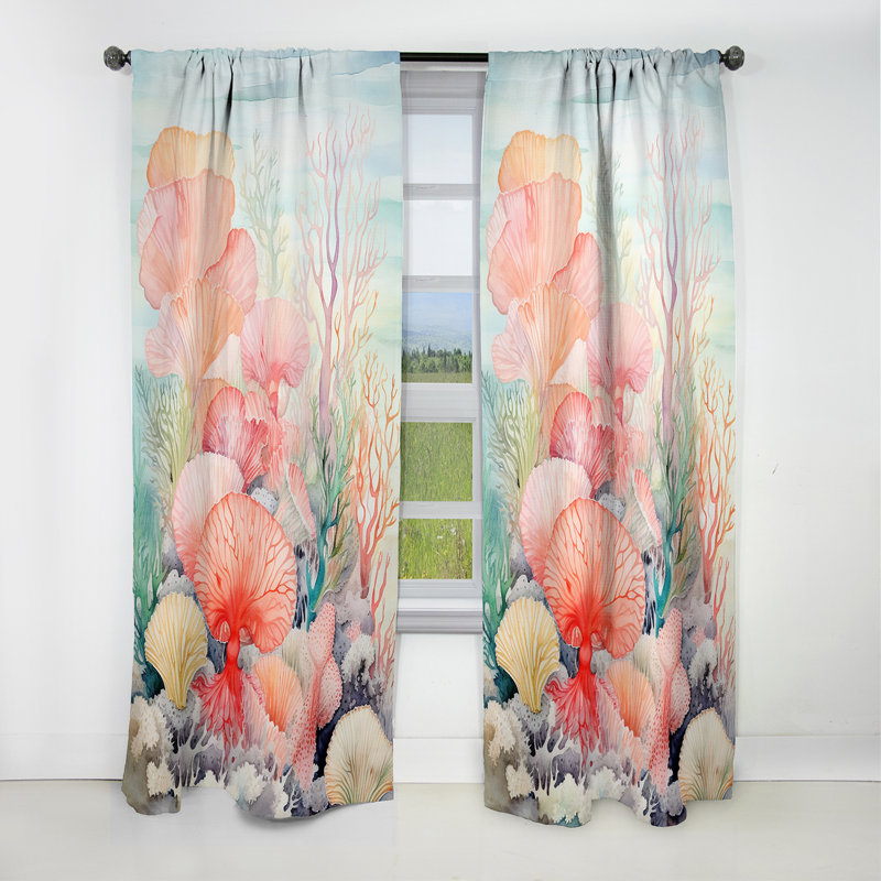 Pastel Colors Watercolor Corals - Coastal Coral Animal Print Blackout Curtain - 1 Panels, 52" W x 84" L