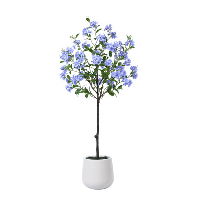 Adcock Artificial Flower Tree with Oval White Planter, Tall Faux Trees with Blue Flowers for Home Decor