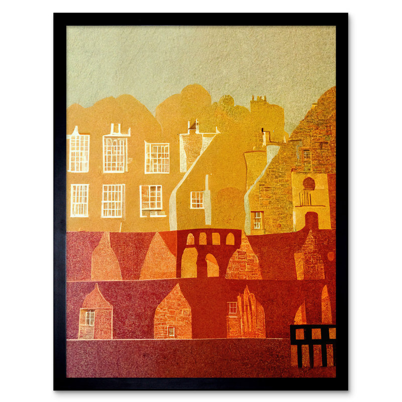 Vintage Folk Art Mid Century Cityscape 1 Piece Single Picture Frame Wall Art, 43.7cm H x 33.5cm W x 1.5cm D