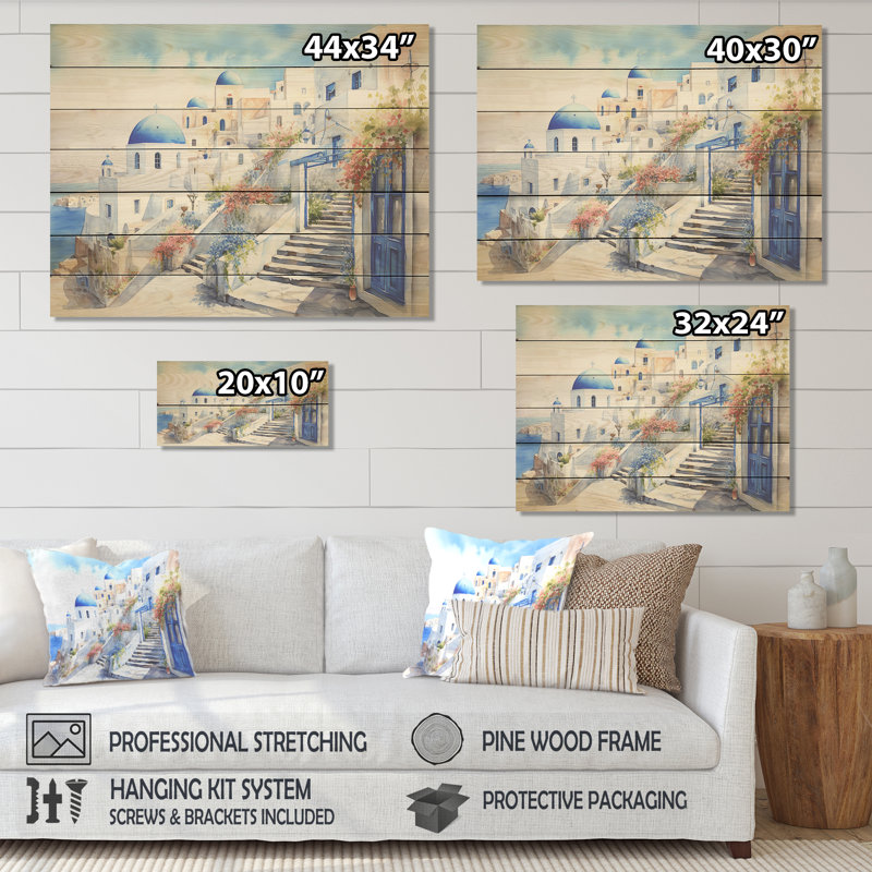 Village de Santorin bleu et blanc I - Grèce sur bois, H 24 po x l 32 po x P 0,78 po