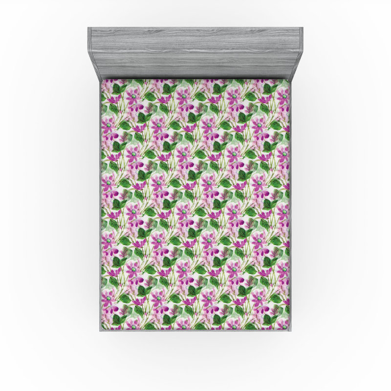 Ambesonne Nature Fitted Sheet Leaves Botanical Style Art, Off White/Forest Green Floral, King Fitted Sheet