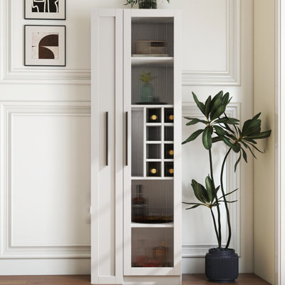 Armoire de bar haute avec tablette de rangement coulissante multifonctionnelle, support à vin, armoire de rangement avec portes en verre, roulettes