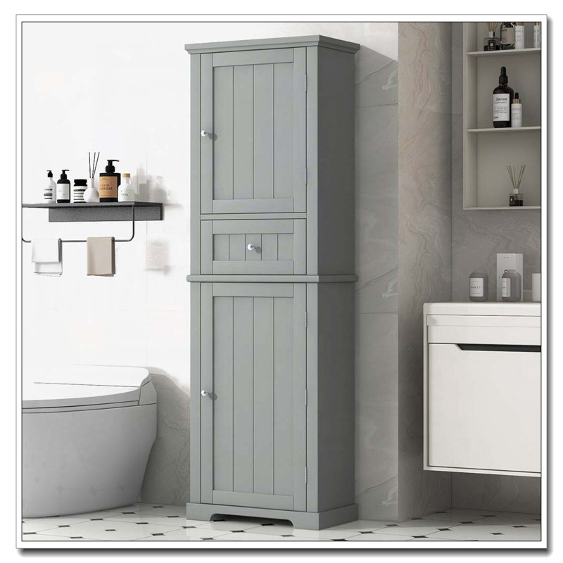 Freestanding Bathroom Storage Cabinet with Doors and Drawers, Adjustable Shelf, Gray