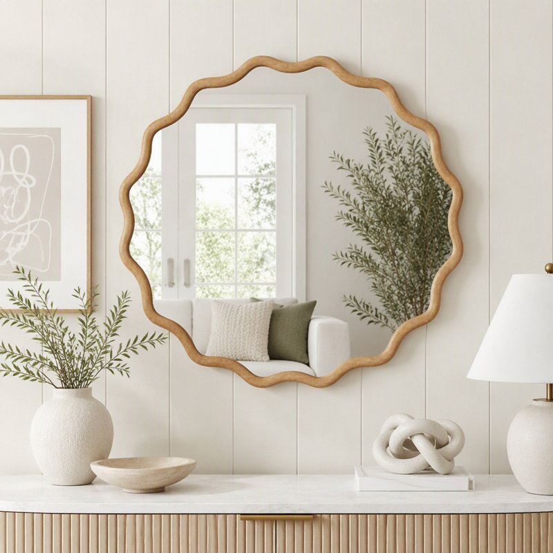 Wavy Round Solid Wood Frame Decorative Mirror, 24 inch, Natural Wood-1